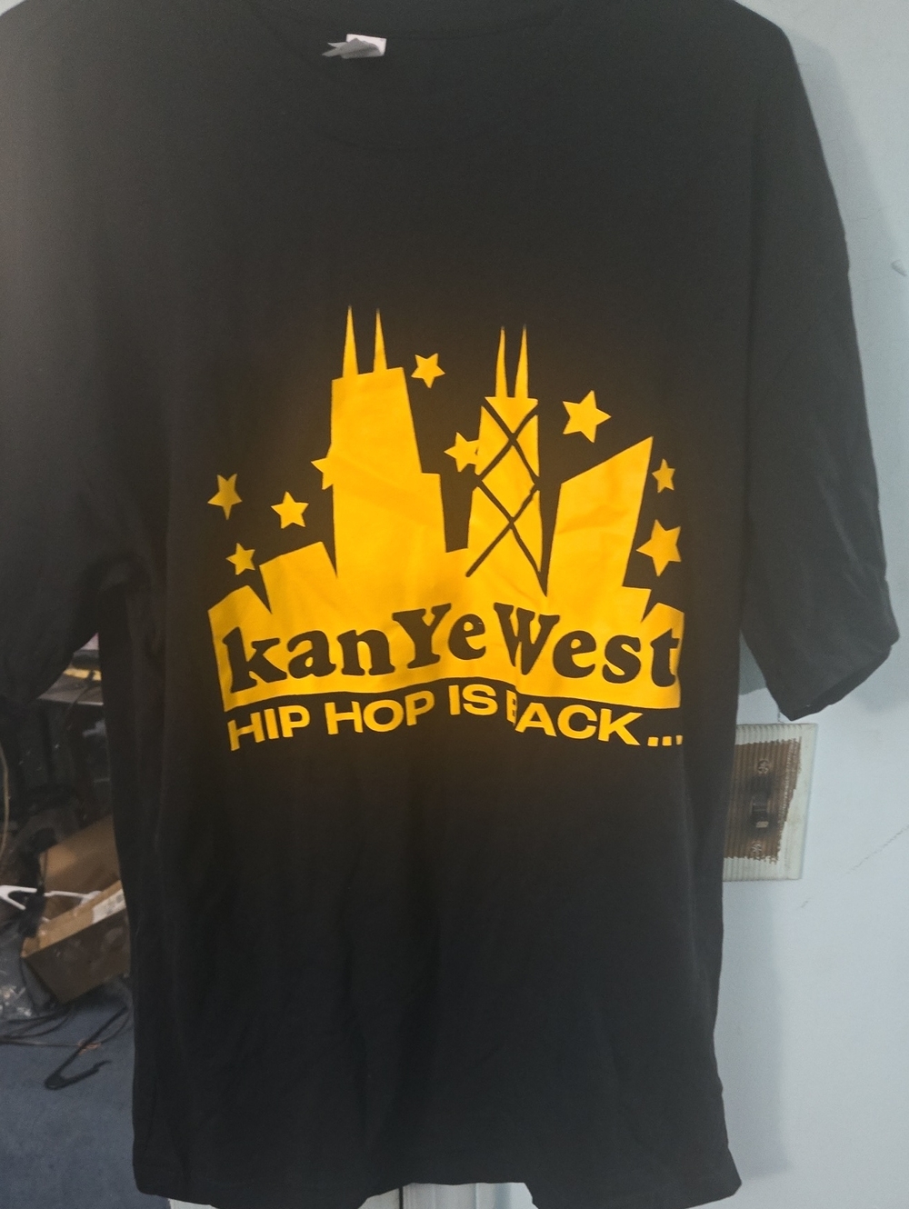 Black Mens Graphic Tee with Yellow Skyline Print
